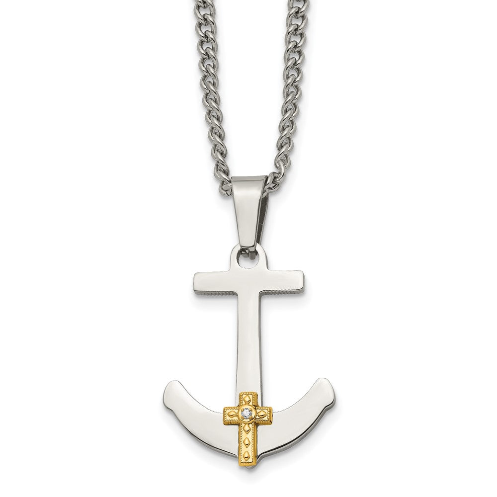 Chisel Stainless Steel Polished with 14k Gold and .02 Carat Diamond Anchor Mariner Cross Pendant on a 24 inch Curb Chain N...