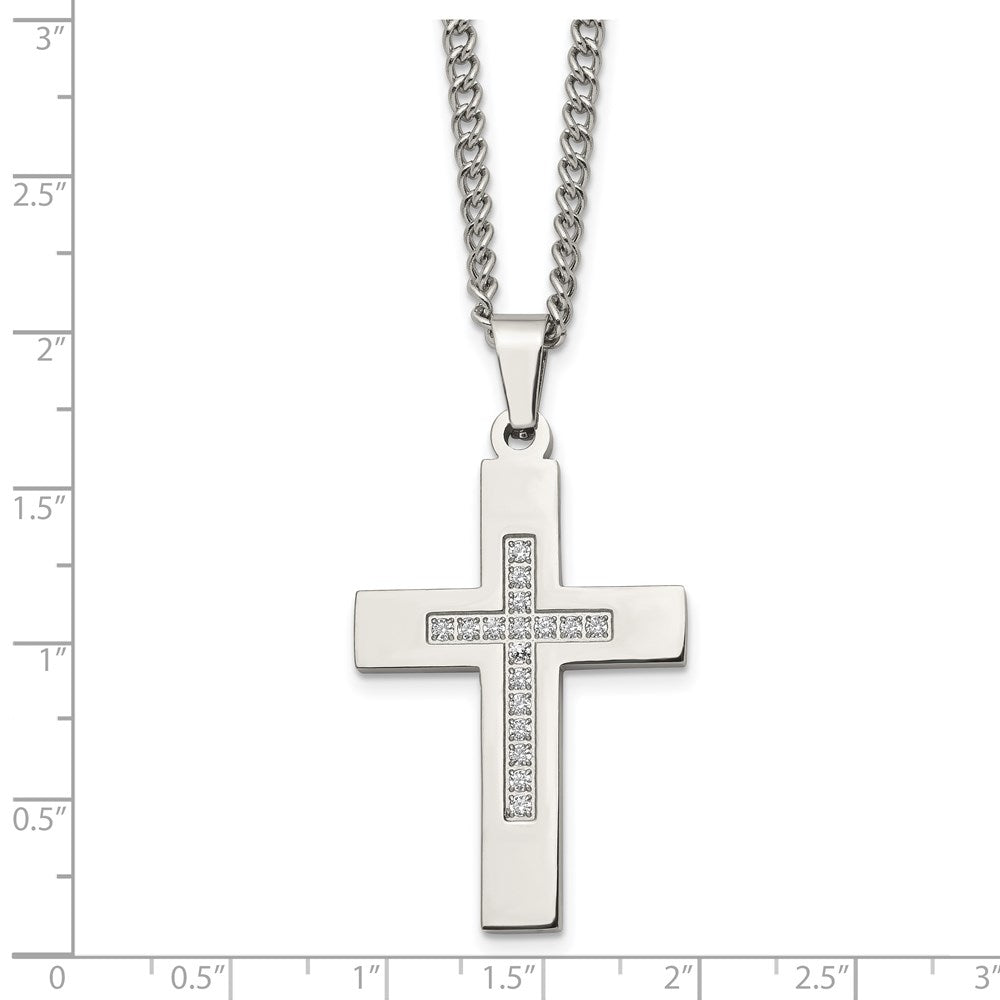 Chisel Stainless Steel Polished with CZ Cross Pendant on a 24 inch Cable Chain Necklace