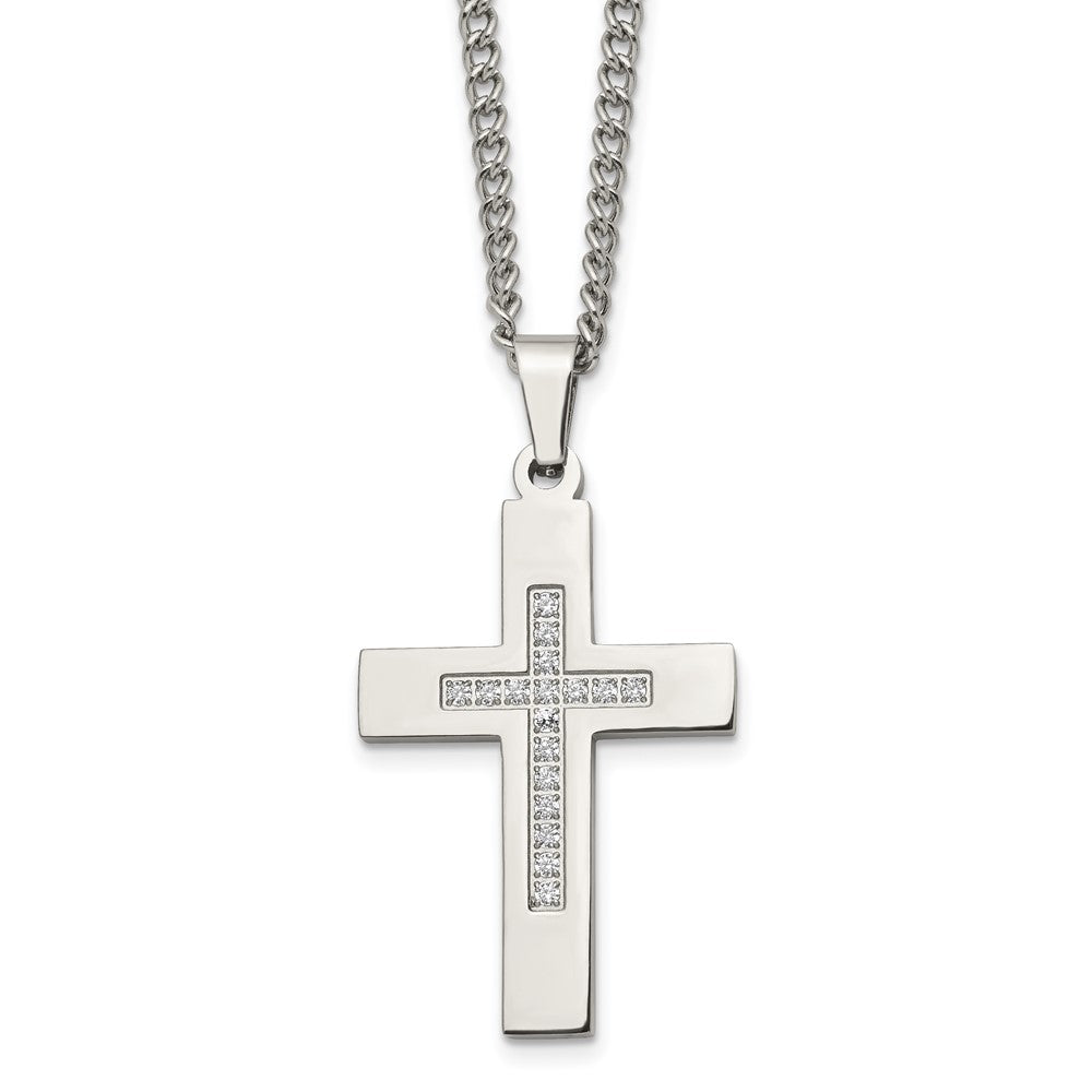 Chisel Stainless Steel Polished with CZ Cross Pendant on a 24 inch Cable Chain Necklace