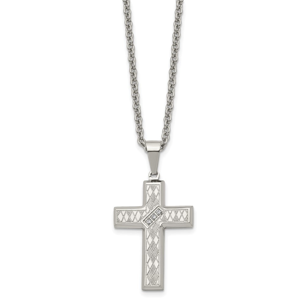 Chisel Stainless Steel Polished and Textured with CZ Cross Pendant on a 20 inch Cable Chain Necklace