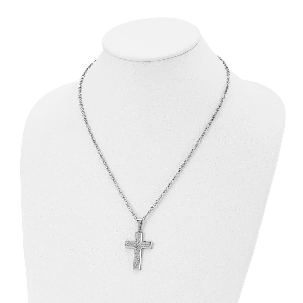 Chisel Stainless Steel Polished and Textured with CZ Cross Pendant on a 20 inch Cable Chain Necklace