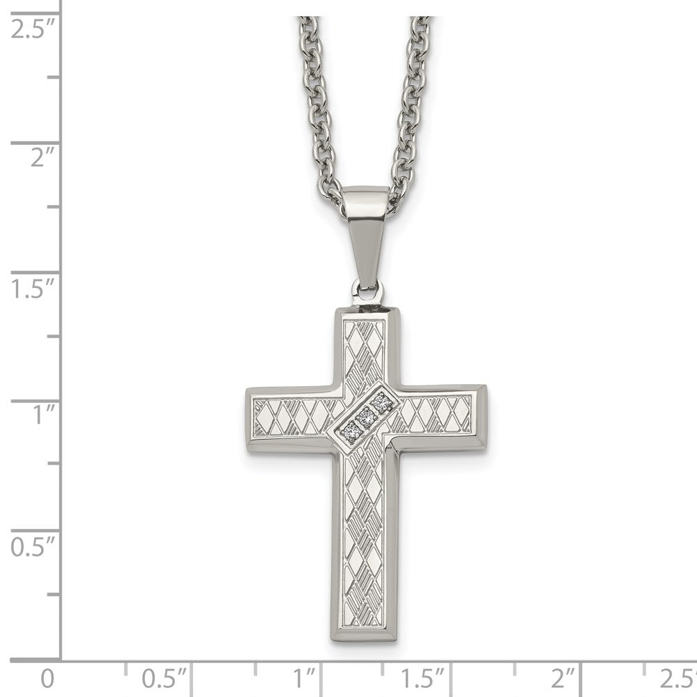 Chisel Stainless Steel Polished and Textured with CZ Cross Pendant on a 20 inch Cable Chain Necklace