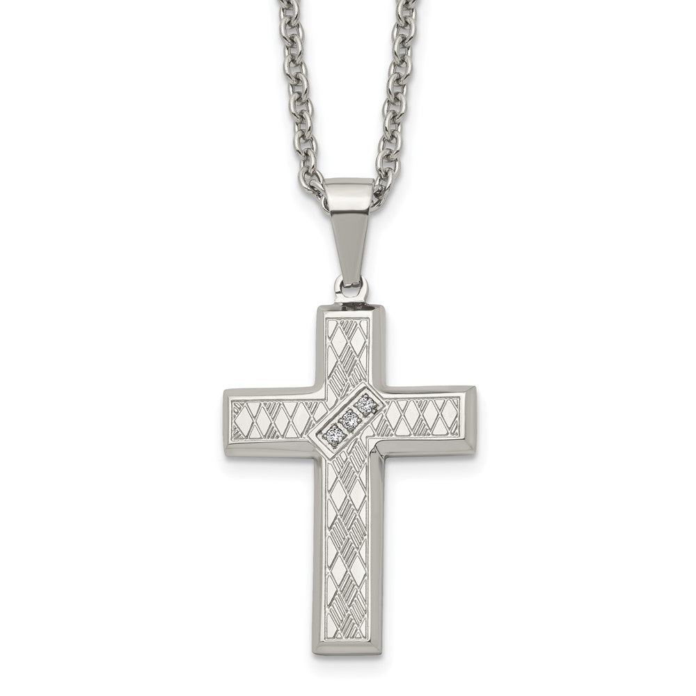 Chisel Stainless Steel Polished and Textured with CZ Cross Pendant on a 20 inch Cable Chain Necklace