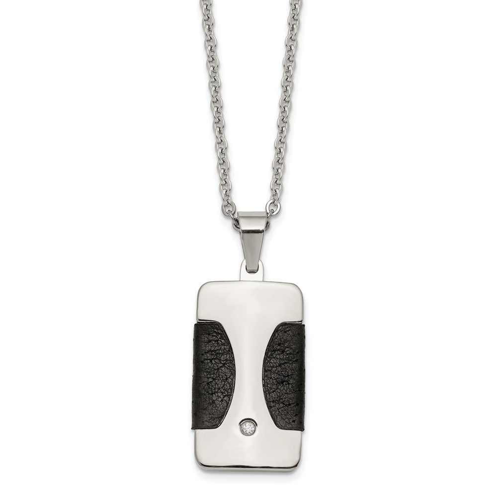 Stainless Steel Polished w/ CZ & Leather Reversible Inlay 22in Necklace