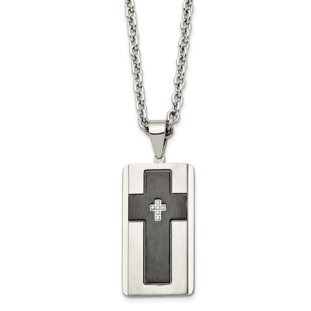 Stainless Steel Brushed & Polished Black IP-plated w/CZ Cross Necklace