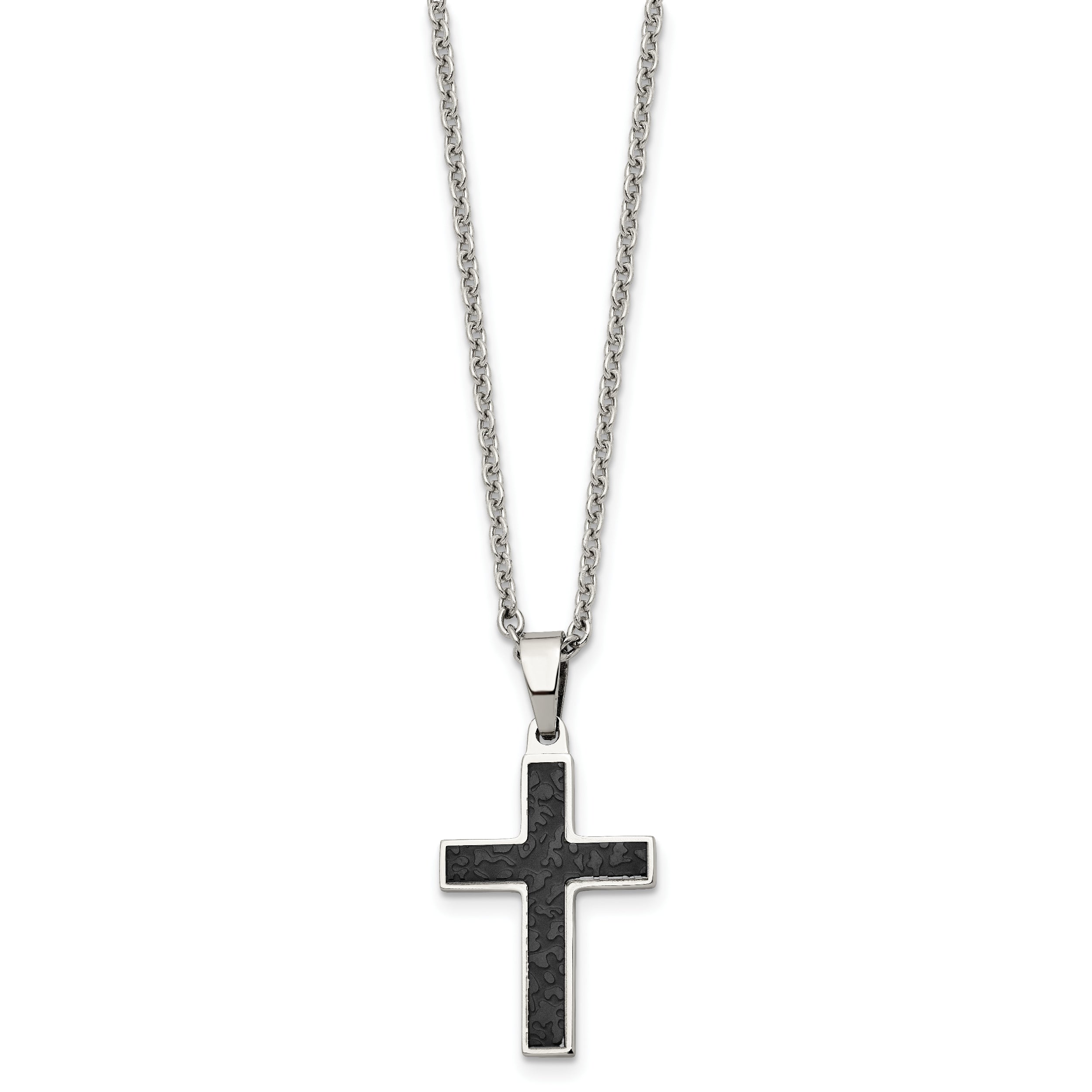 Stainless Steel Polished and Textured Black IP-plated Cross Necklace SRN1986