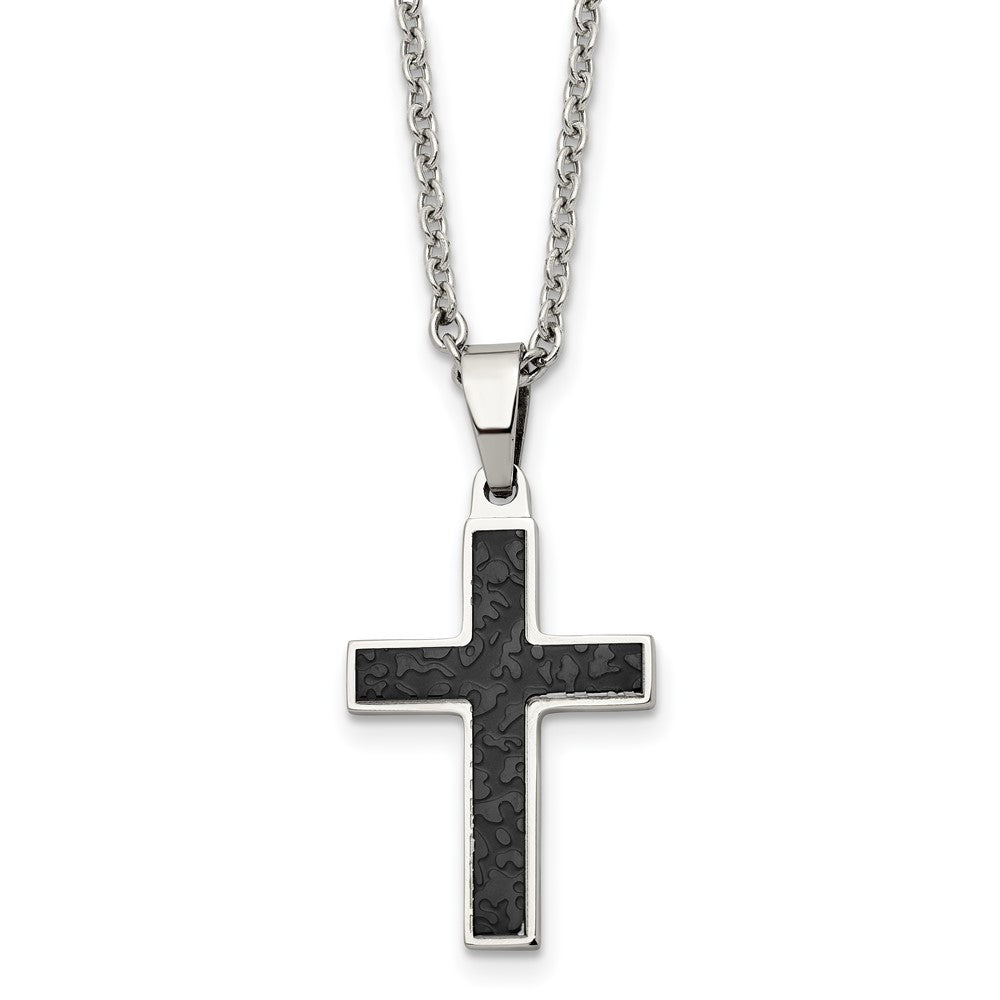 Chisel Stainless Steel Polished and Textured Black IP-plated Cross Pendant on a 24 inch Cable Chain Necklace