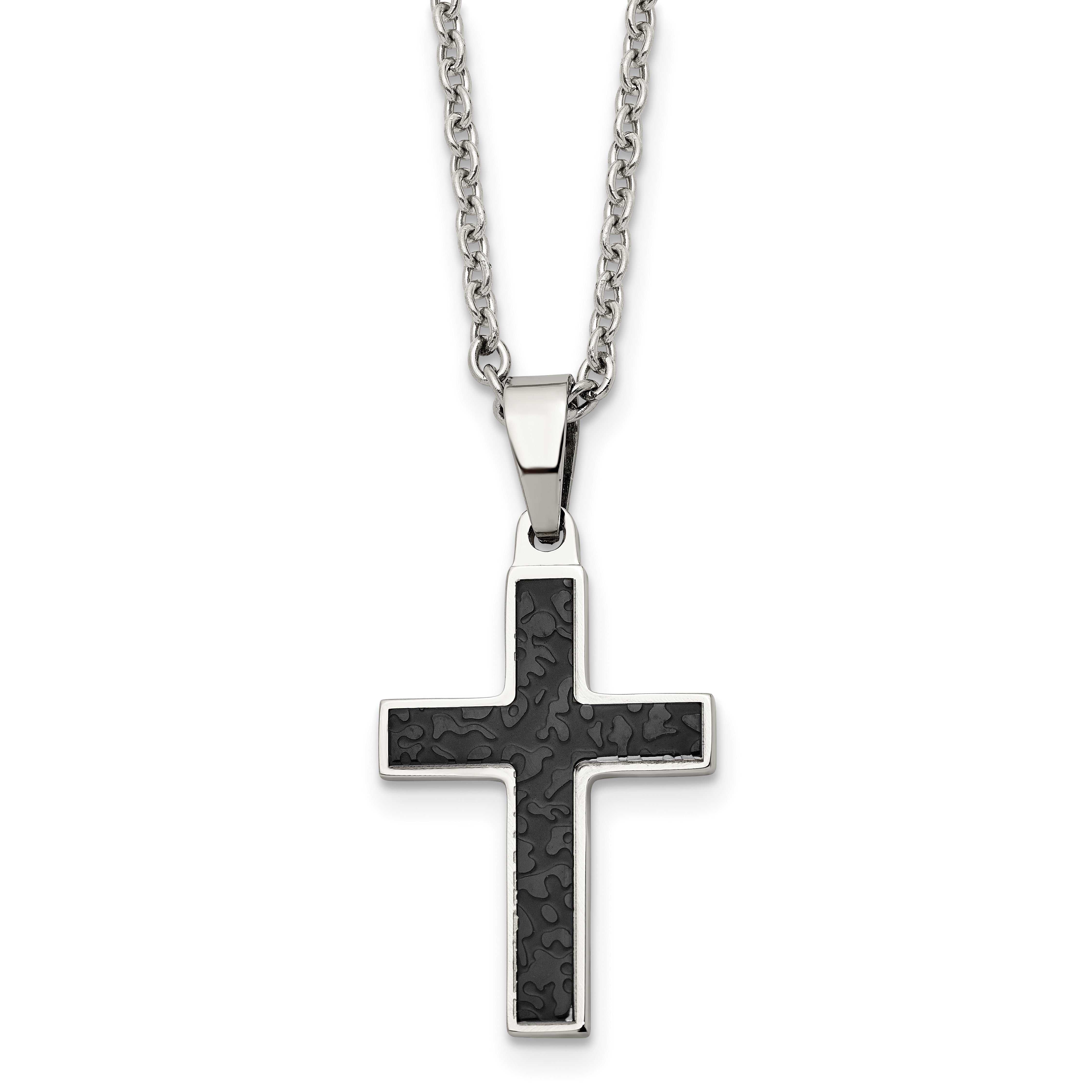 Stainless Steel Polished and Textured Black IP-plated Cross Necklace SRN1986