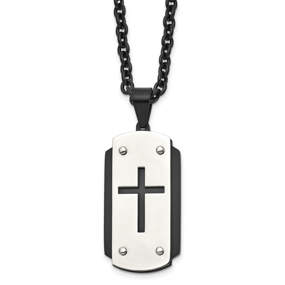 Stainless Steel Brushed and Polished Black IP-plated Cross 24in Necklace