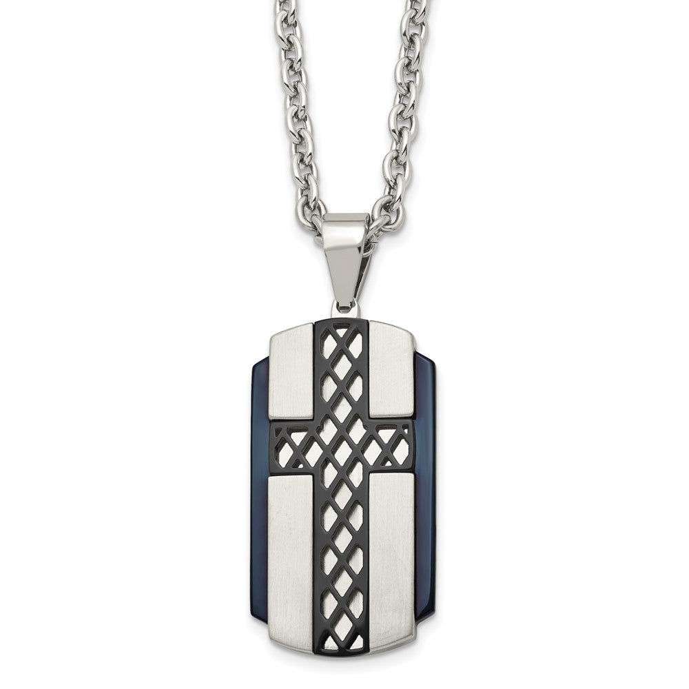 Stainless Steel Brushed and Polished Black IP-plated Cross 24in Necklace