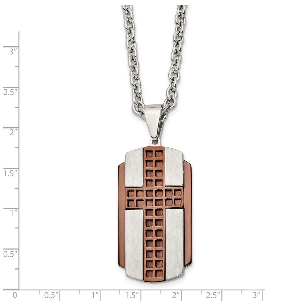 Stainless Steel Brushed & Polished Brown IP-plated Cross 24in Necklace