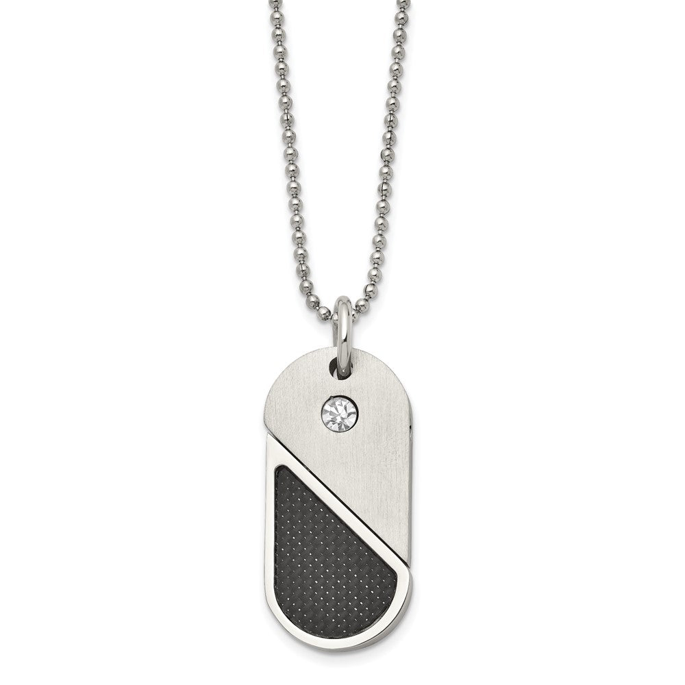 Chisel Stainless Steel Brushed and Polished with CZ and Carbon Fiber Inlay Movable DogTag/Heart Pendant on a 22 in Ball Ch...