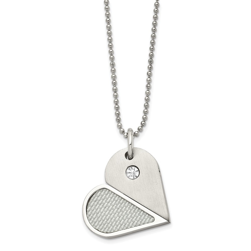 Chisel Stainless Steel Brushed and Polished with CZ and Carbon Fiber Inlay Movable DogTag/Heart Pendant on a 22 in Ball Ch...