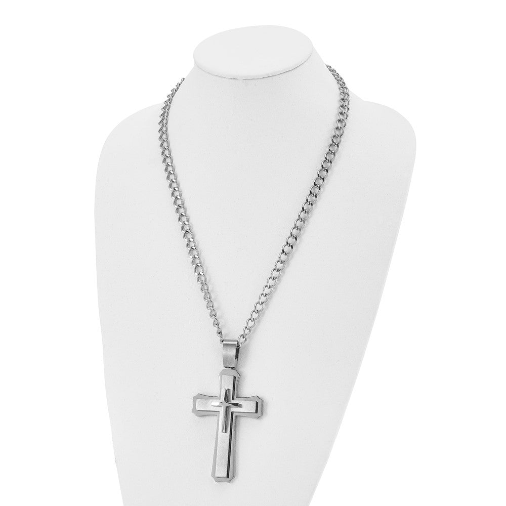 Chisel Stainless Steel Brushed and Polished Large Cross Pendant on a 24 inch Curb Chain Necklace