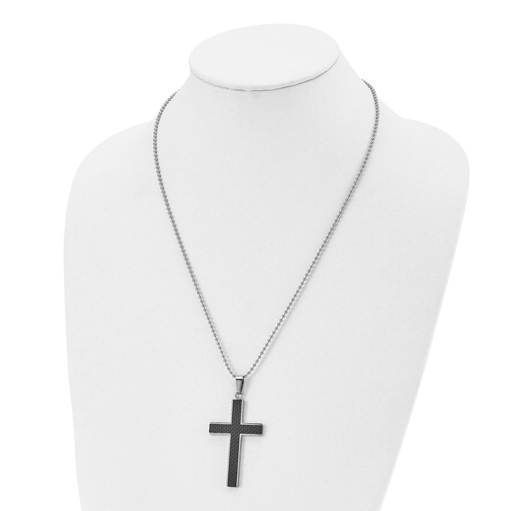 Chisel Stainless Steel Polished with Black Carbon Fiber Inlay Cross Pendant on a 22 inch Ball Chain Necklace