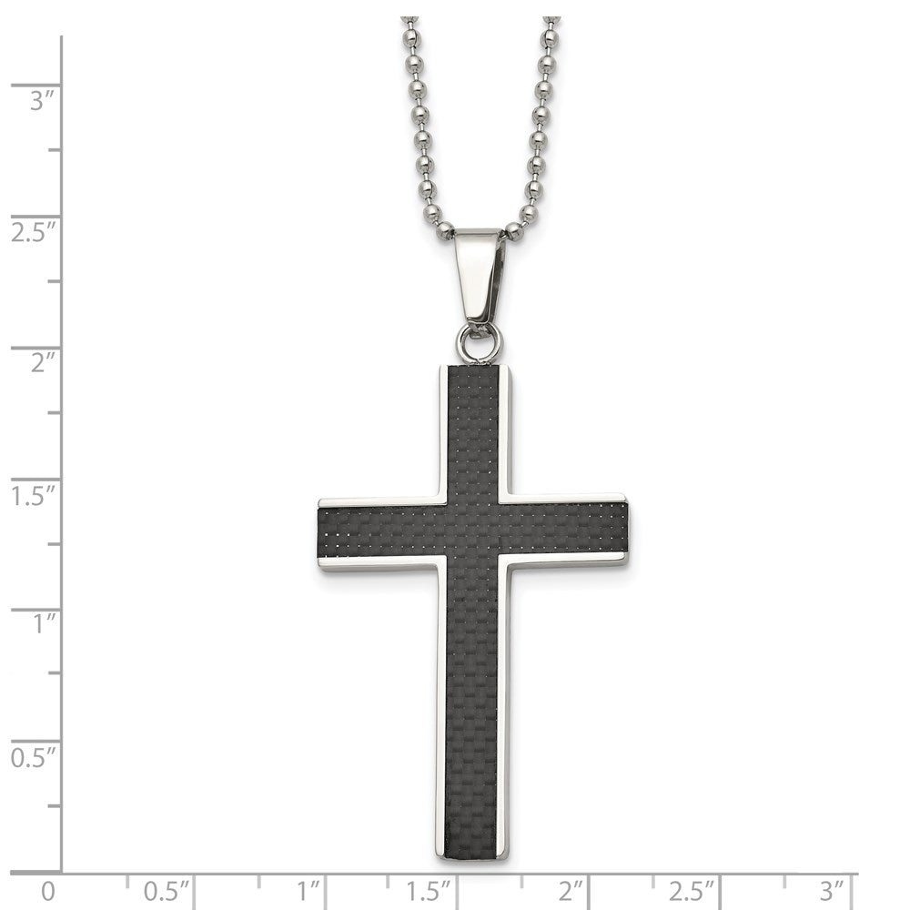 Chisel Stainless Steel Polished with Black Carbon Fiber Inlay Cross Pendant on a 22 inch Ball Chain Necklace