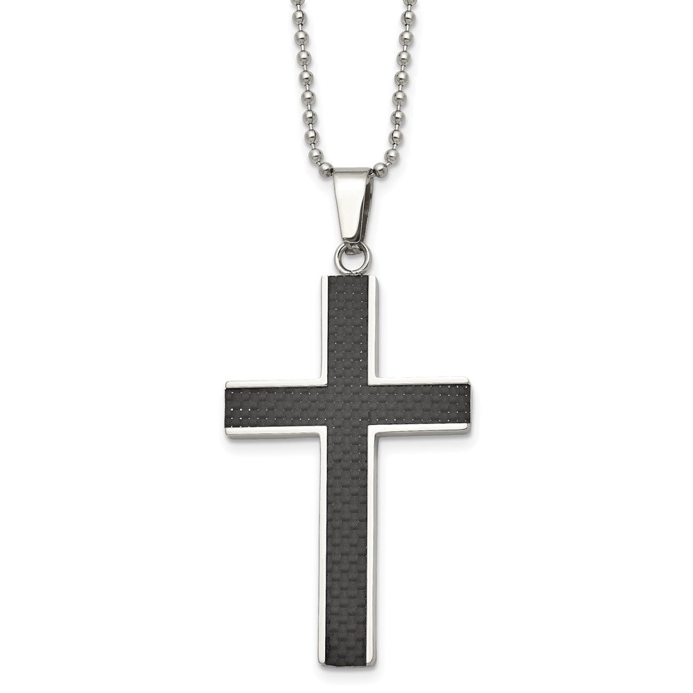 Chisel Stainless Steel Polished with Black Carbon Fiber Inlay Cross Pendant on a 22 inch Ball Chain Necklace