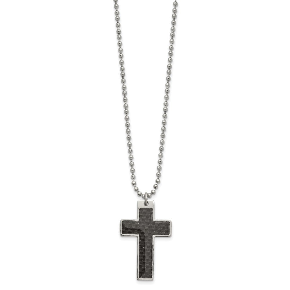 Chisel Stainless Steel Polished with Black Carbon Fiber Inlay Cross Pendant on a 20 inch Ball Chain Necklace