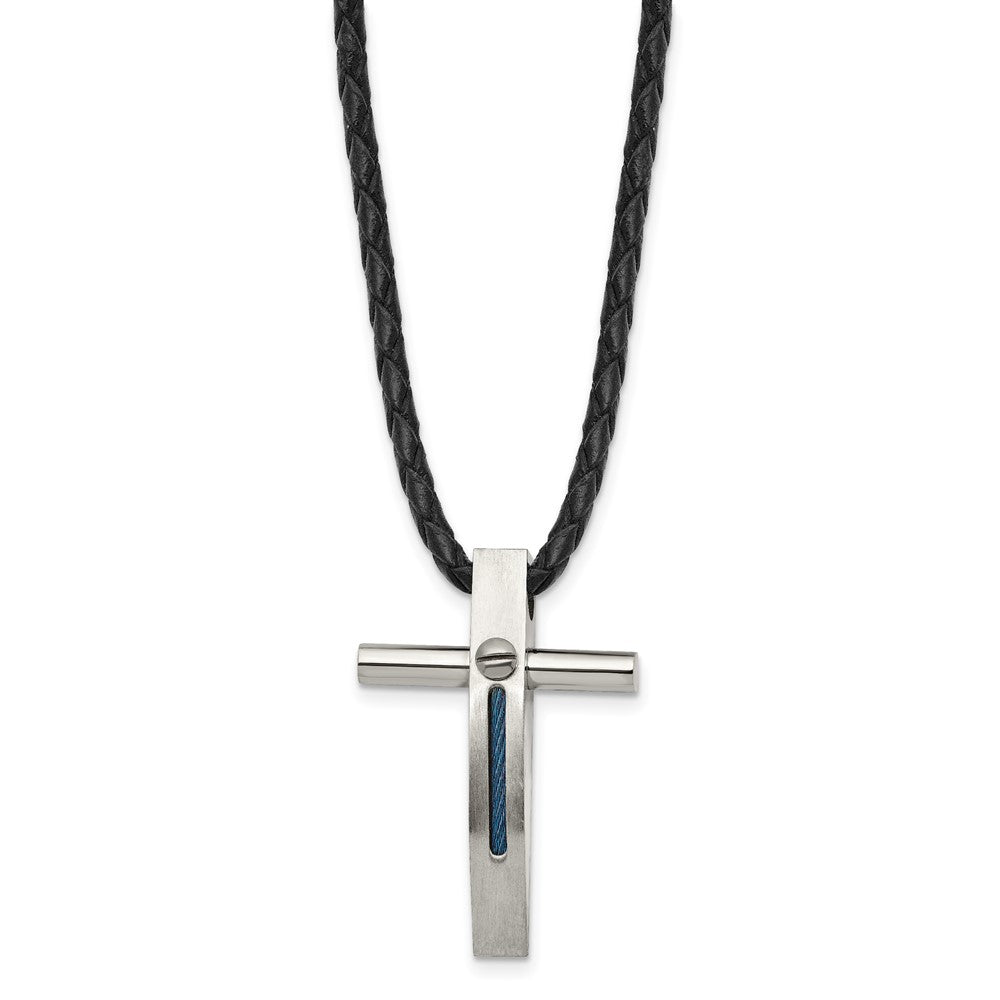 Chisel Stainless Steel Brushed and Polished Blue IP-plated Cable Cross Pendant on an 18 inch Leather Cord Necklace