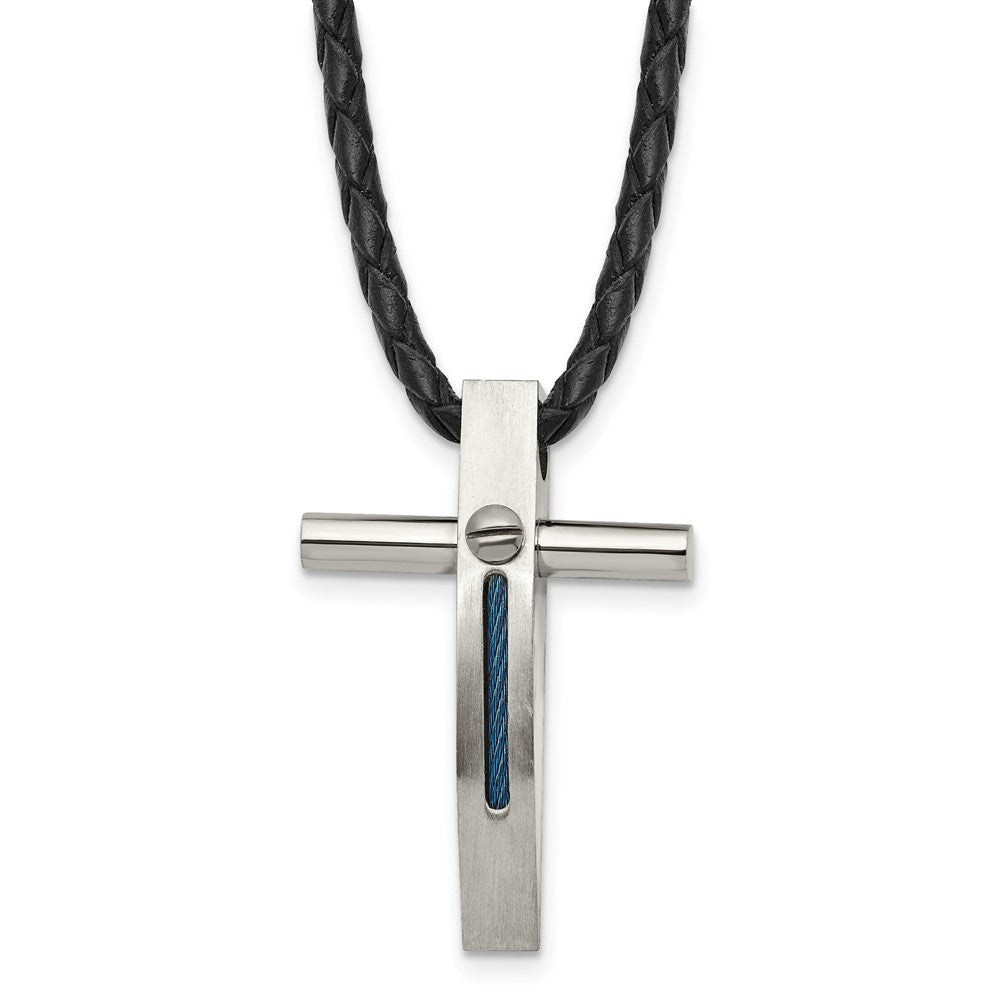 Chisel Stainless Steel Brushed and Polished Blue IP-plated Cable Cross Pendant on an 18 inch Leather Cord Necklace