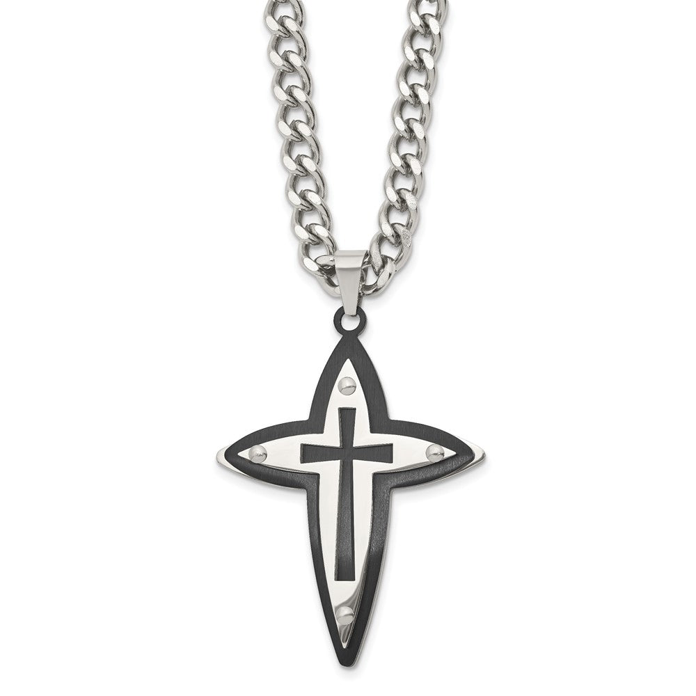 Chisel Stainless Steel Polished Black IP-plated Cross Pendant on a 22 inch Curb Chain Necklace