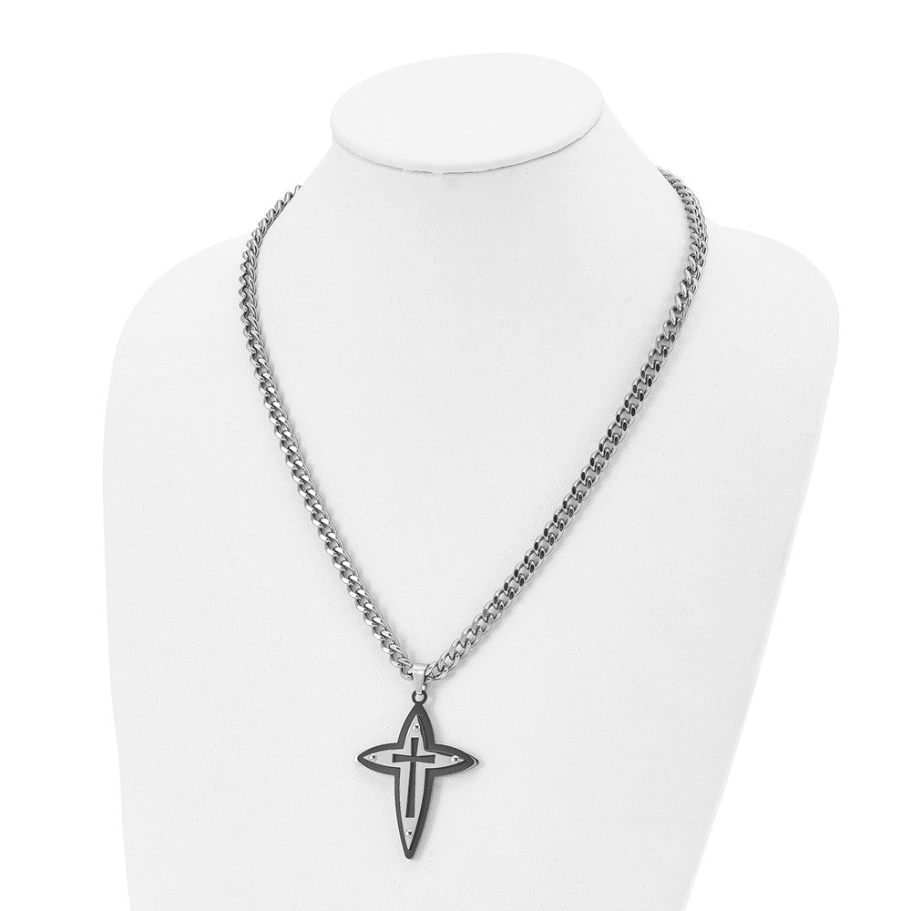 Chisel Stainless Steel Polished Black IP-plated Cross Pendant on a 22 inch Curb Chain Necklace