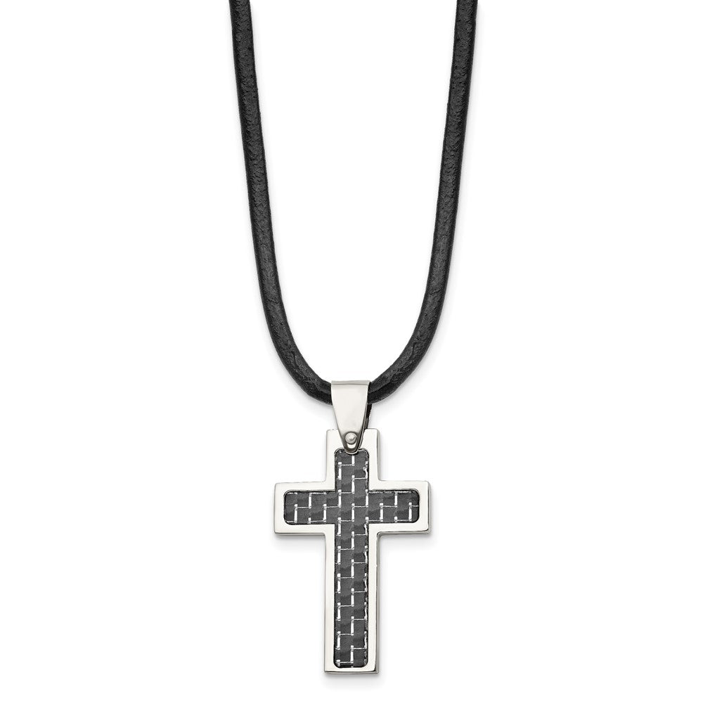 Chisel Stainless Steel Polished with Black Carbon Fiber Inlay Cross Pendant on an 18 inch Leather Cord Necklace