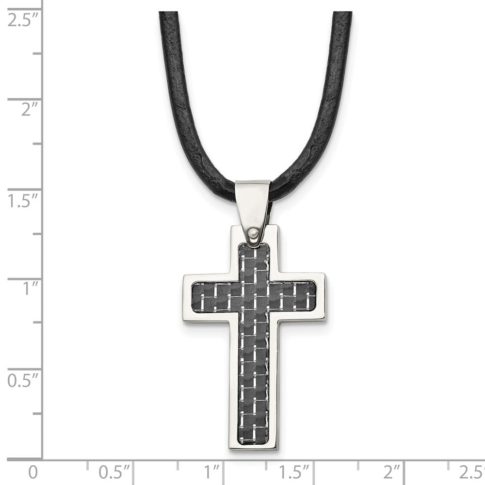 Chisel Stainless Steel Polished with Black Carbon Fiber Inlay Cross Pendant on an 18 inch Leather Cord Necklace