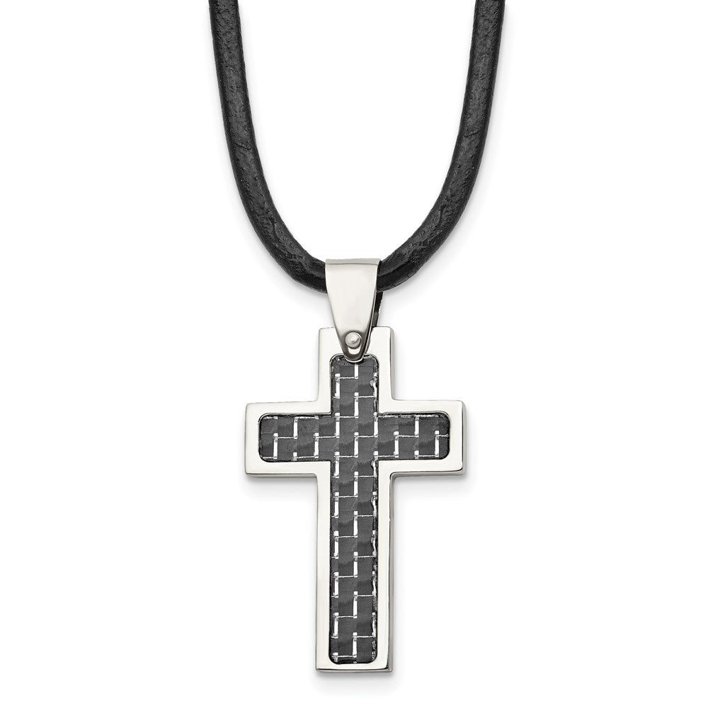 Chisel Stainless Steel Polished with Black Carbon Fiber Inlay Cross Pendant on an 18 inch Leather Cord Necklace