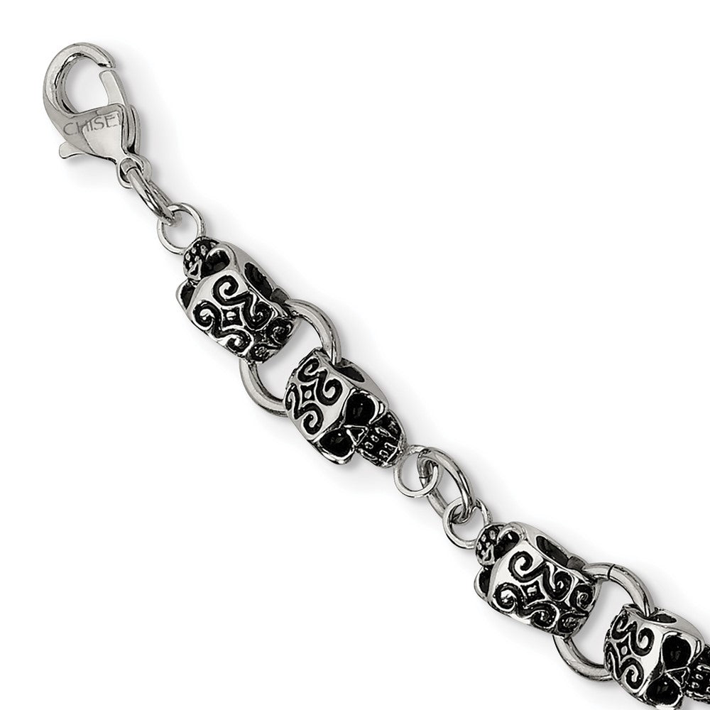 Chisel Stainless Steel Antiqued and Polished Skull 24 inch Necklace