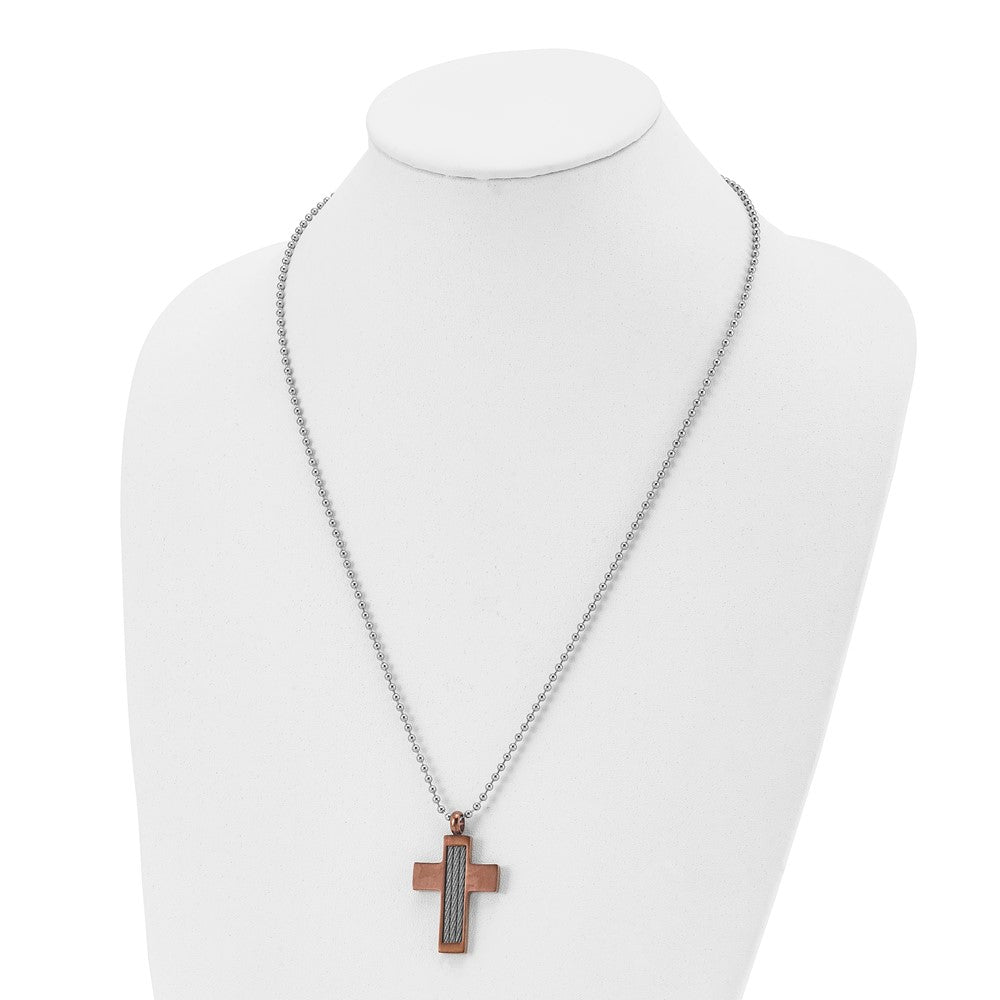 Chisel Stainless Steel Brushed Brown IP-plated with Cable Inlay Cross Pendant on a 24 inch Ball Chain Necklace