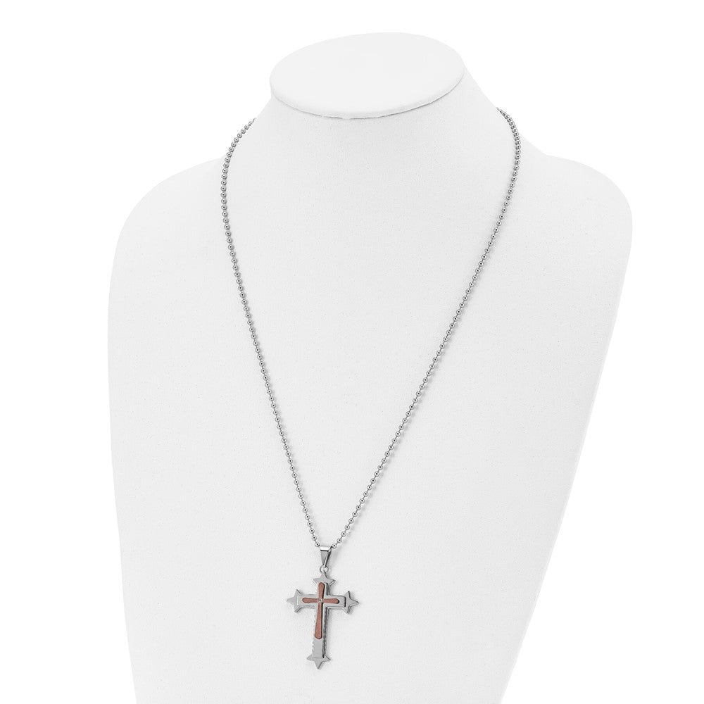 Chisel Stainless Steel Polished Brown IP-plated Diamond Accent Cross Pendant on a 24 inch Ball Chain Necklace