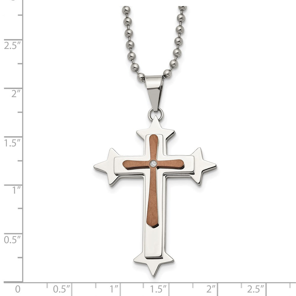 Chisel Stainless Steel Polished Brown IP-plated Diamond Accent Cross Pendant on a 24 inch Ball Chain Necklace