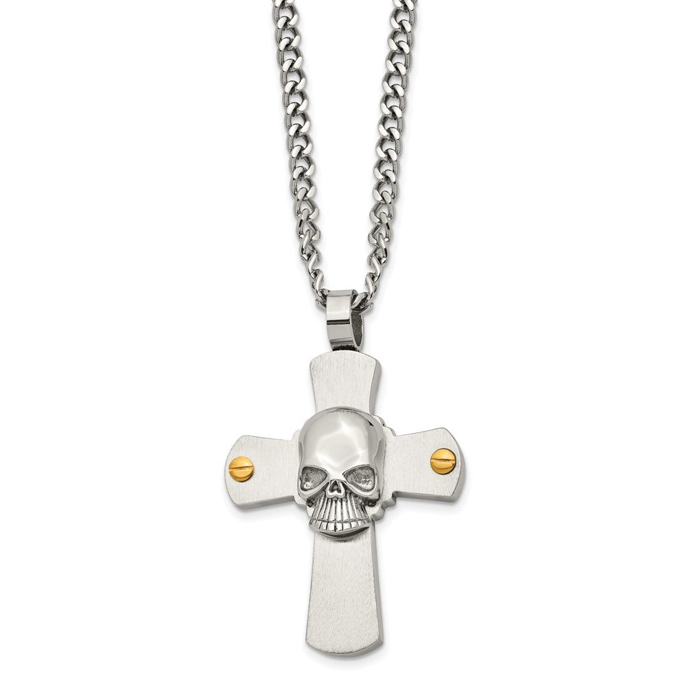 Chisel Stainless Steel Brushed and Polished Yellow IP-plated Cross with Skull Pendant on a 24 inch Curb Chain Necklace