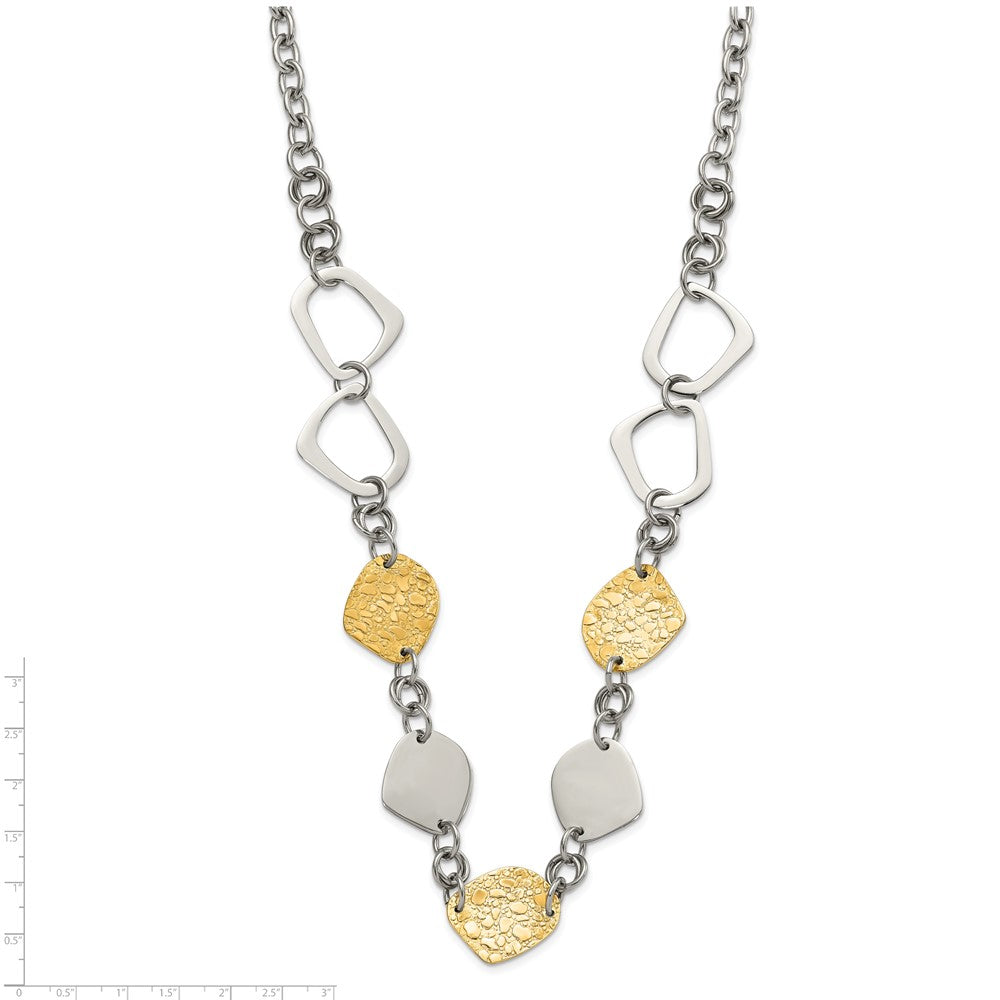 Stainless Steel Yellow IP-plated Polished & Pebbled Fancy Link Necklace