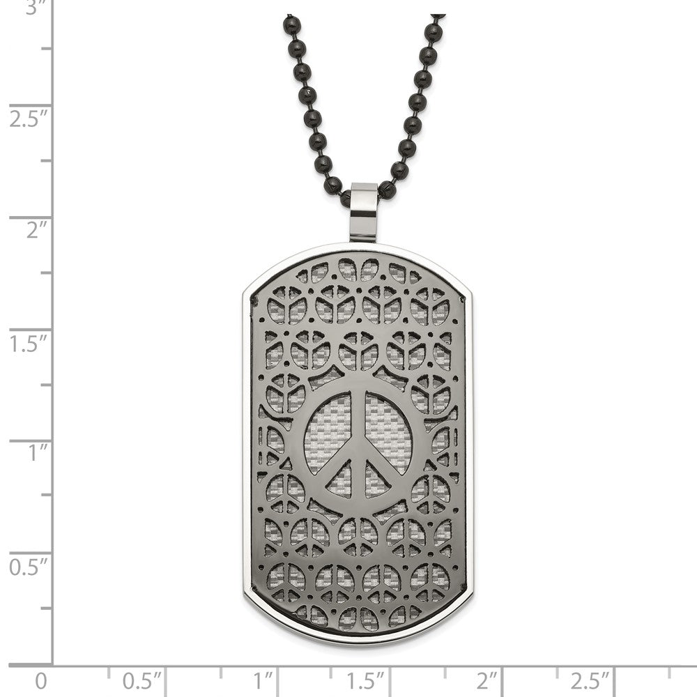 Stainless Steel Black IP-Plated Reversible Grey/Blue Carbon Fiber Peace/Heart Dog Tag Necklace