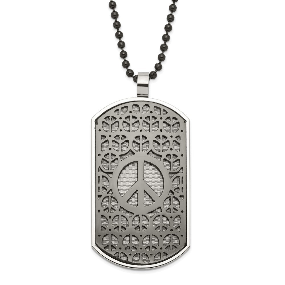 Stainless Steel Black IP-Plated Reversible Grey/Blue Carbon Fiber Peace/Heart Dog Tag Necklace