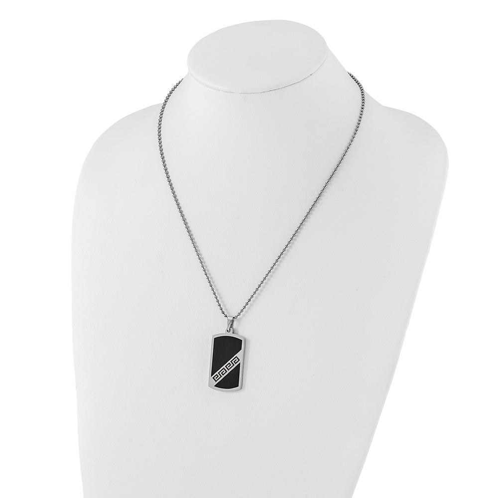 Stainless Steel Black Enamel Greek Key Dog Tag Pendant Necklace