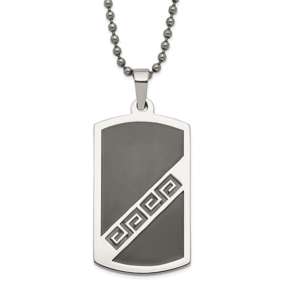 Stainless Steel Black Enamel Greek Key Dog Tag Pendant Necklace