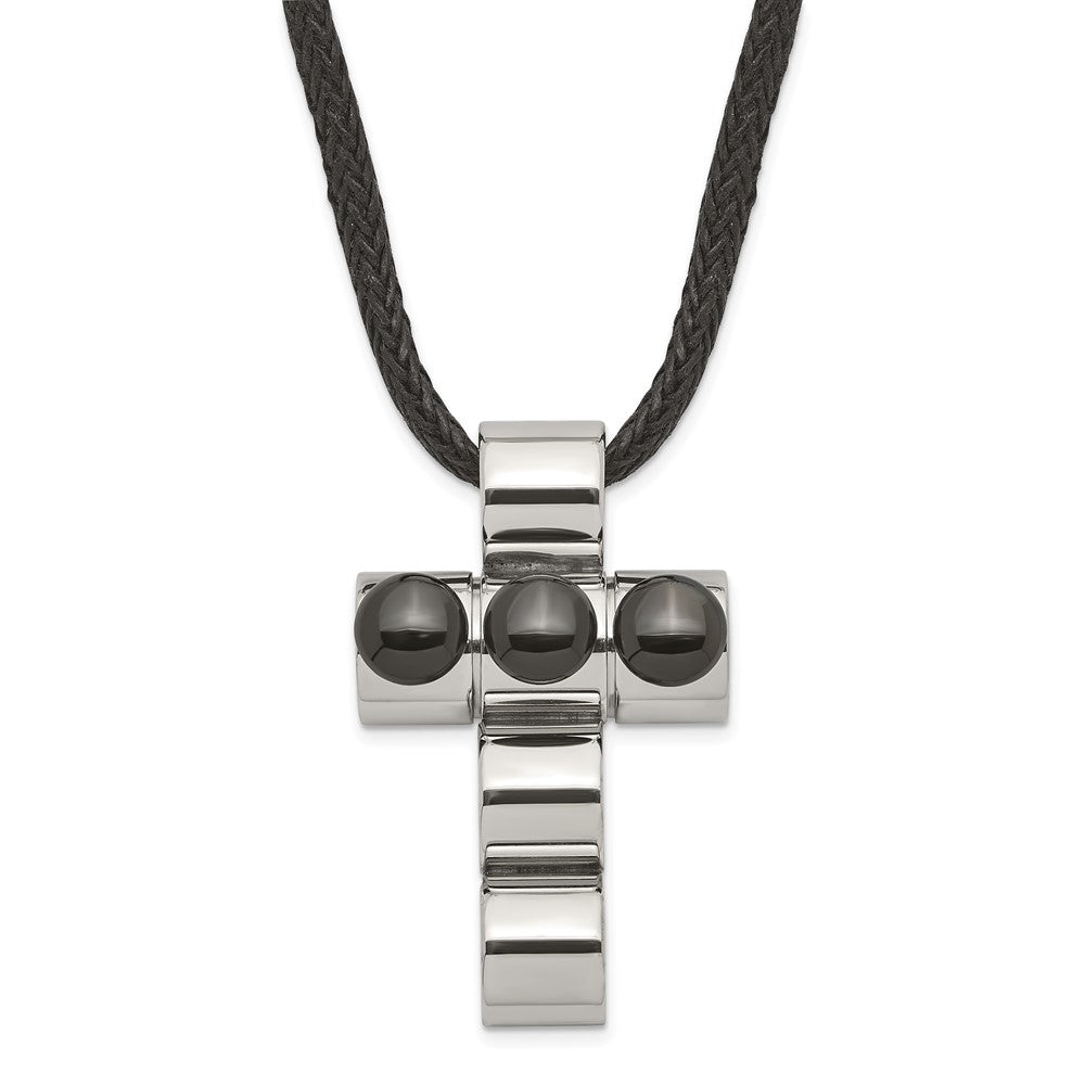 Stainless Steel Black IP-plated Bead Cross on Cord Necklace