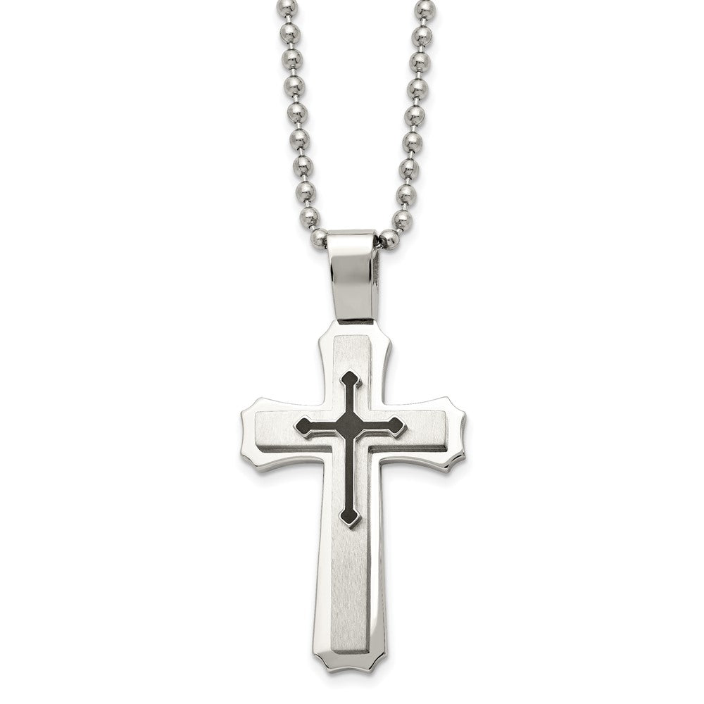 Chisel Stainless Steel Brushed and Polished with Black Rubber Cross Pendant on a 24 inch Ball Chain Necklace