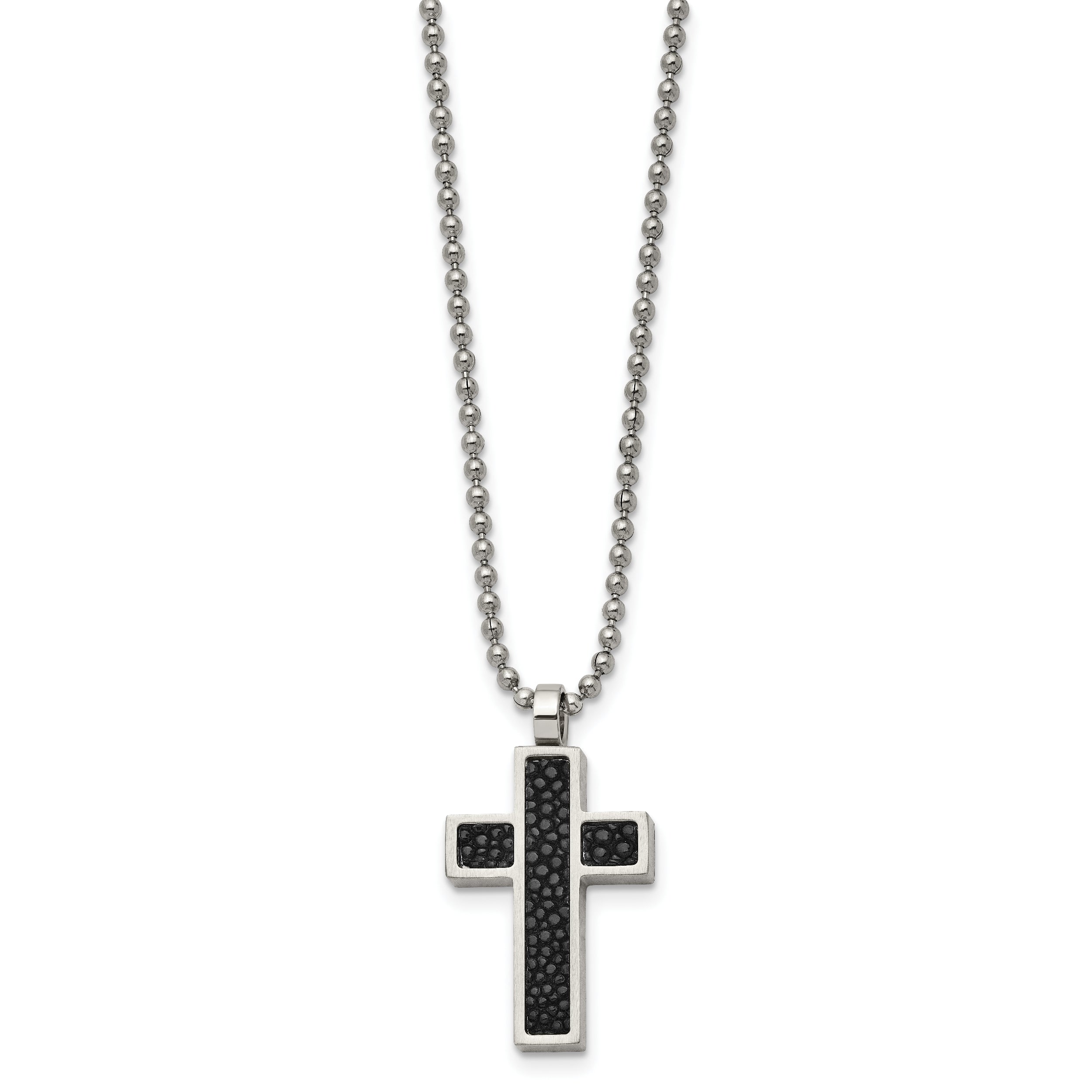 Stainless Steel Black Stingray Leather Cross Pendant 24in Necklace SRN459