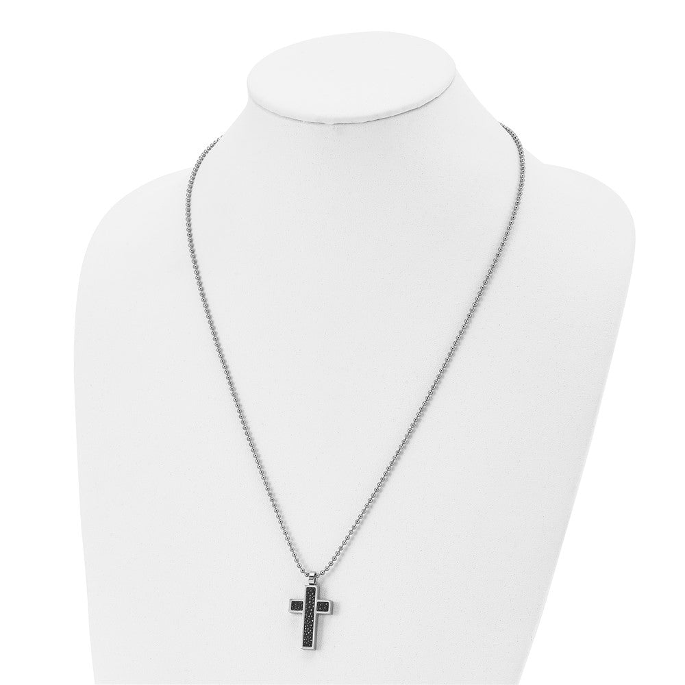 Chisel Stainless Steel Brushed Black Genuine Stingray Inlay Cross Pendant on a 24 inch Ball Chain Necklace