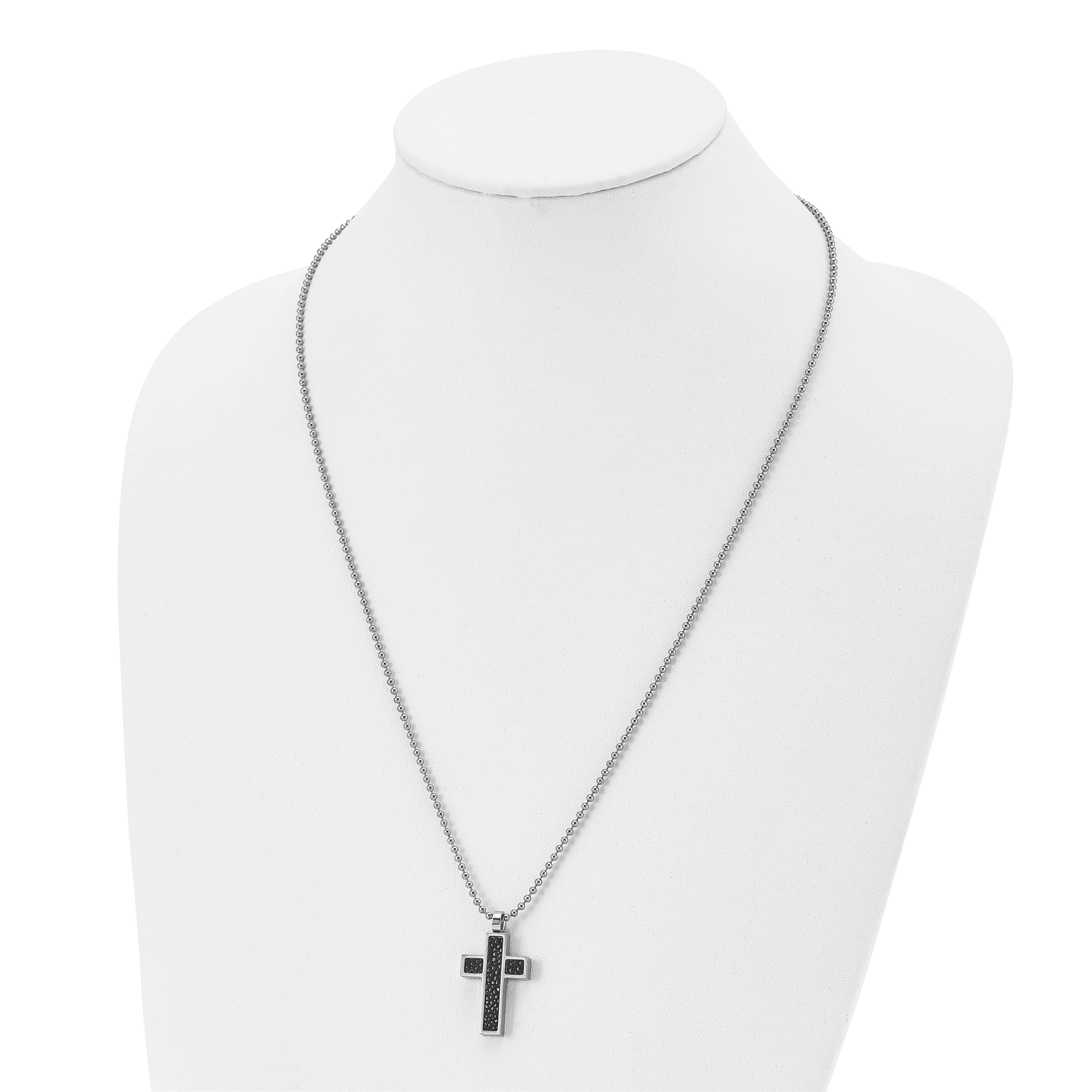 Stainless Steel Black Stingray Leather Cross Pendant 24in Necklace SRN459