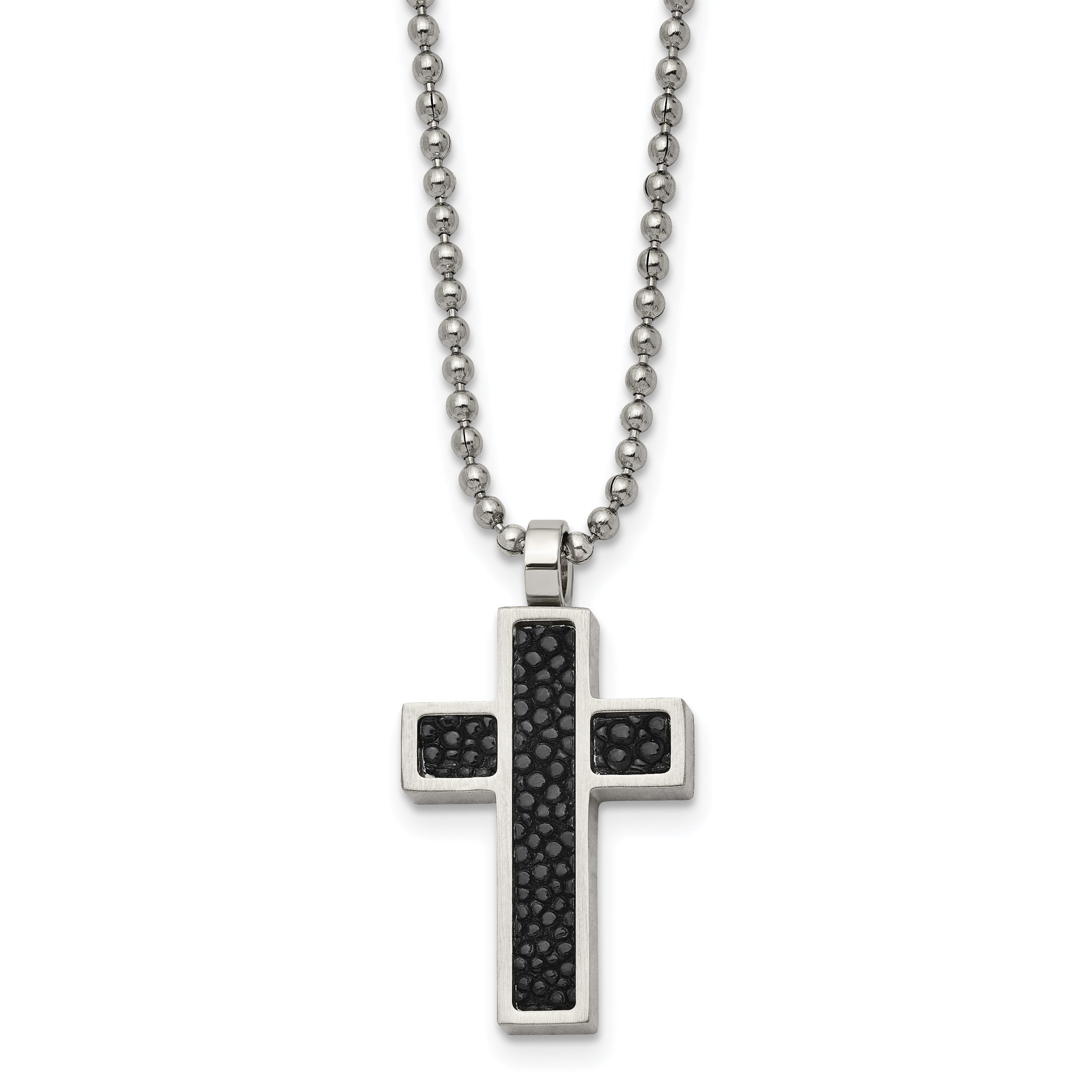 Stainless Steel Black Stingray Leather Cross Pendant 24in Necklace SRN459