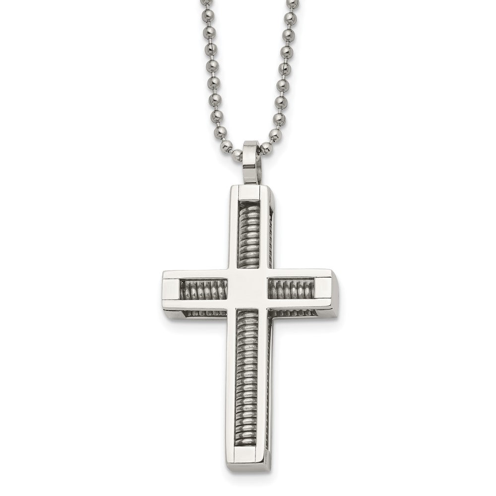 Chisel Stainless Steel Polished Cross Pendant on a 24 inch Ball Chain Necklace