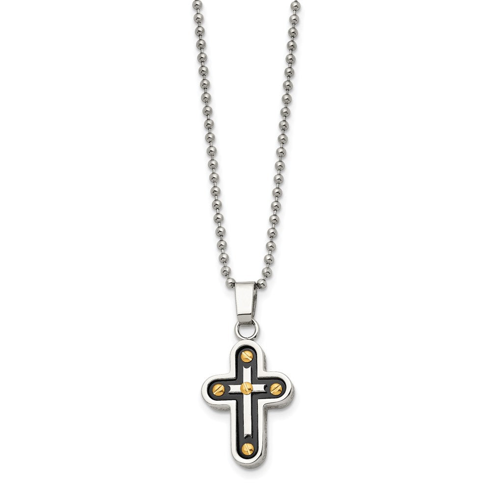 Chisel Stainless Steel Polished Black and Yellow IP-plated Cross Pendant on a 22 inch Ball Chain Necklace