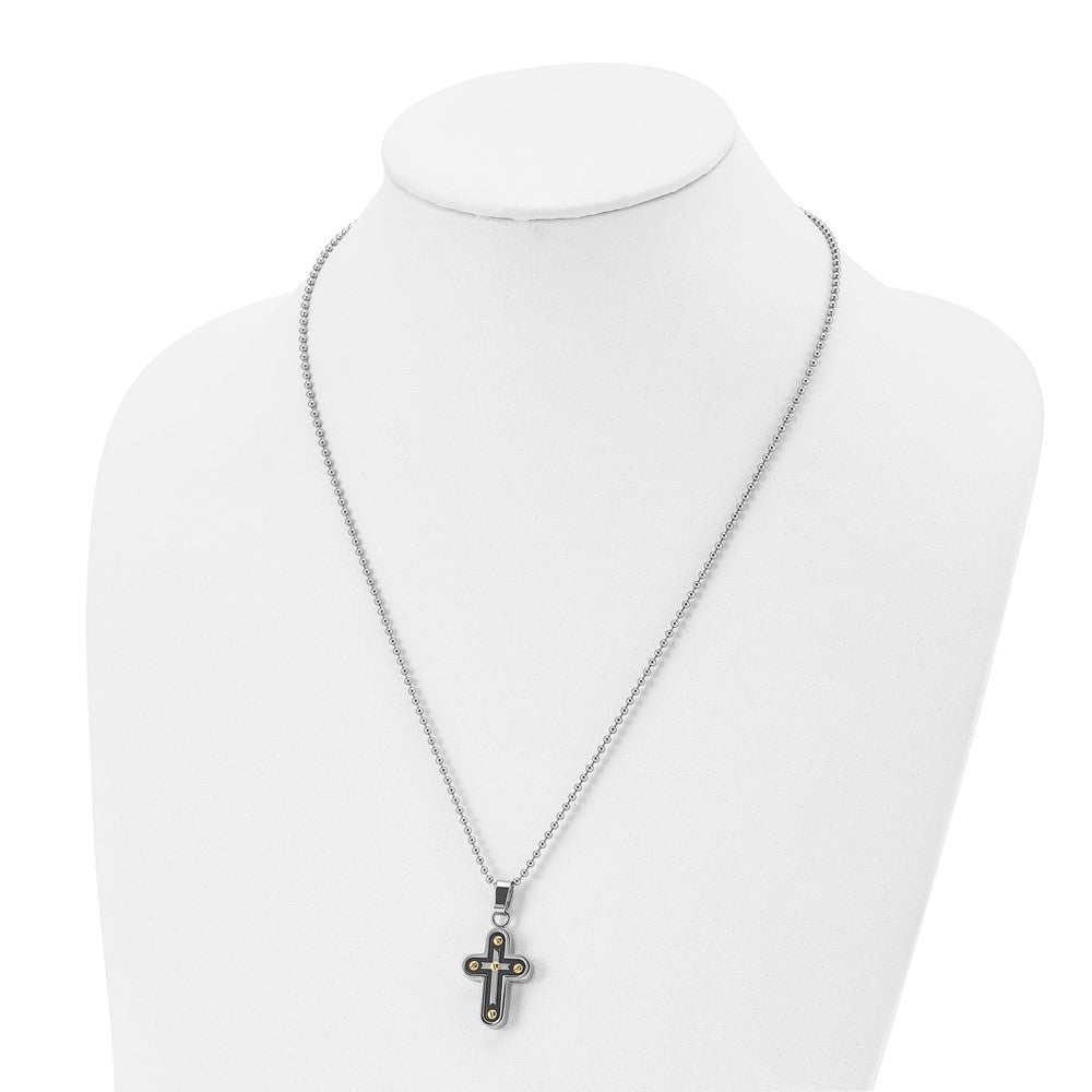 Chisel Stainless Steel Polished Black and Yellow IP-plated Cross Pendant on a 22 inch Ball Chain Necklace