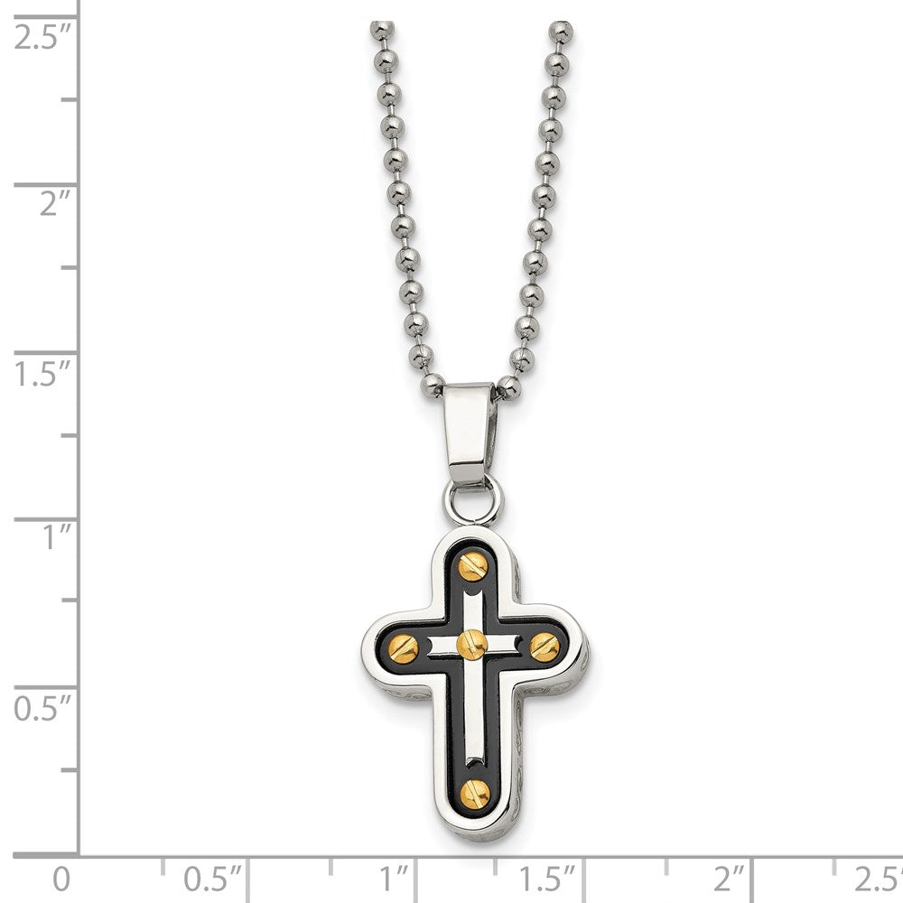 Chisel Stainless Steel Polished Black and Yellow IP-plated Cross Pendant on a 22 inch Ball Chain Necklace