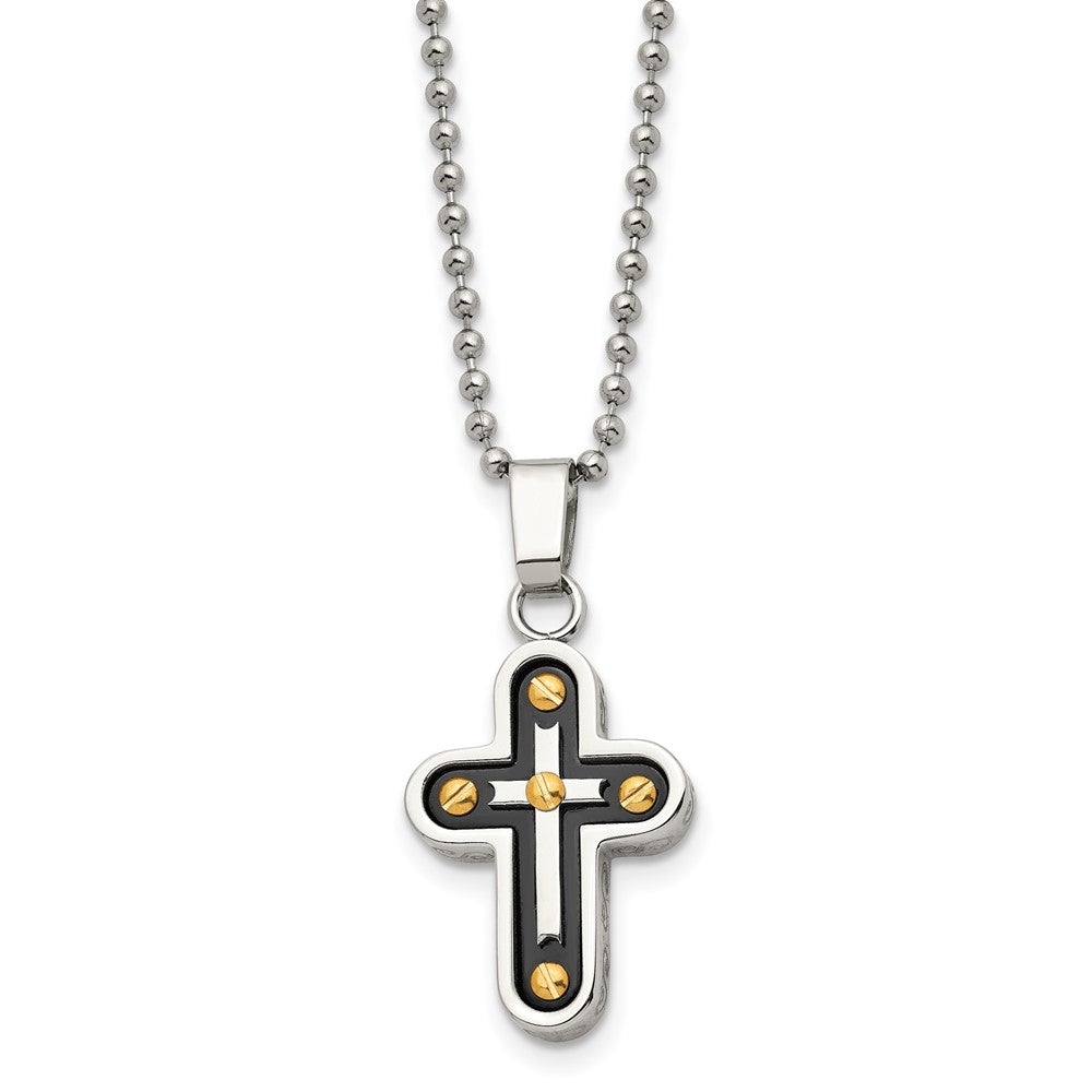 Chisel Stainless Steel Polished Black and Yellow IP-plated Cross Pendant on a 22 inch Ball Chain Necklace